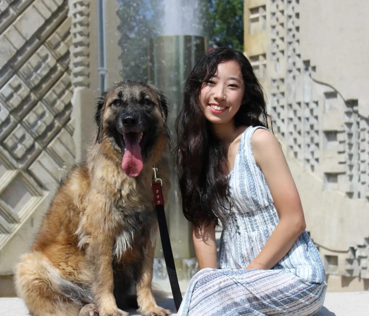 Woman sitting with a large brown dog outdoors near a decorative wall